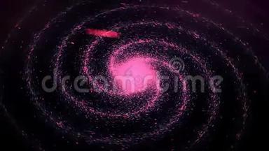 抽象的粉红色<strong>小粒子</strong>在黑色背景下围绕发光中心呈螺旋状飞行，无缝环